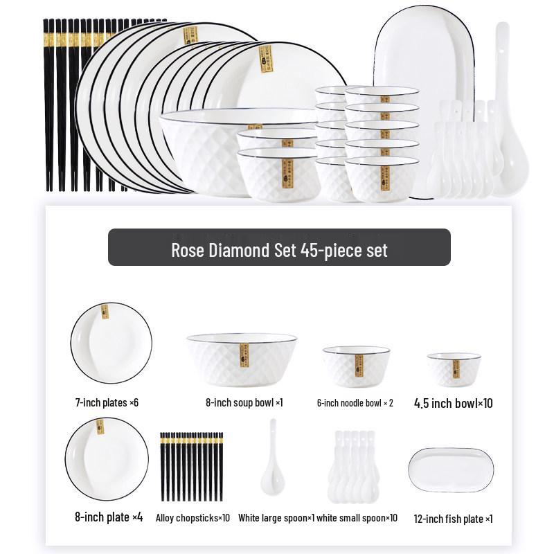 Nordic Style 45-Piece Tableware Set: Plates, Rice Bowls, Diamond Soup Bowls, and Fish Plates for 10 People