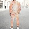 Men Plus Size Pink Printed Round Neck Long Sleeve Top Cuffed Pants Two Piece Set