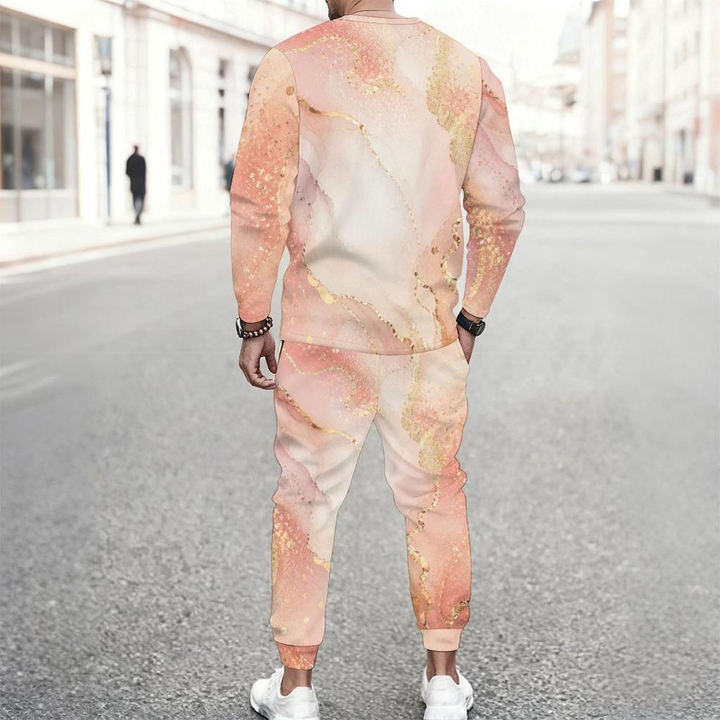 Men Plus Size Pink Printed Round Neck Long Sleeve Top Cuffed Pants Two Piece Set