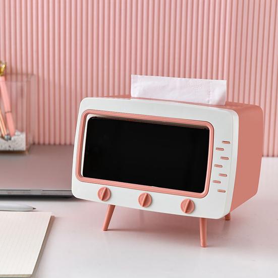 Tissue Box Holder Retro TV Shaped Tissue Case with Cell Phone Holder Multi-Functional Toilet Paper Napkin Dispenser for Room Bedroom Bathroom Dining