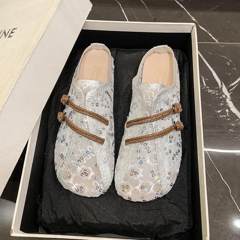 2025 Women's Autumn New Retro Ethnic Style Comfortable Doudou Shoes Mesh Soft Sole Casual One-pedal Comfortable Flat Shoes