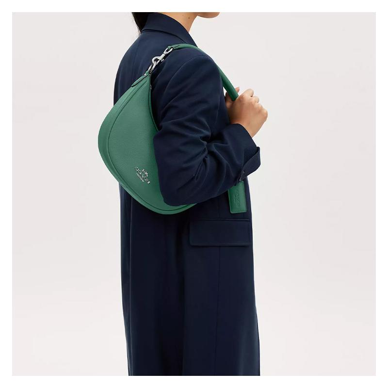 Coach Aria 26 Zipper Closure Exquisite Pebbled Leather and Smooth Leather Hand-held Crossbody Shoulder Bag Medium Women's Silver and Bright Green