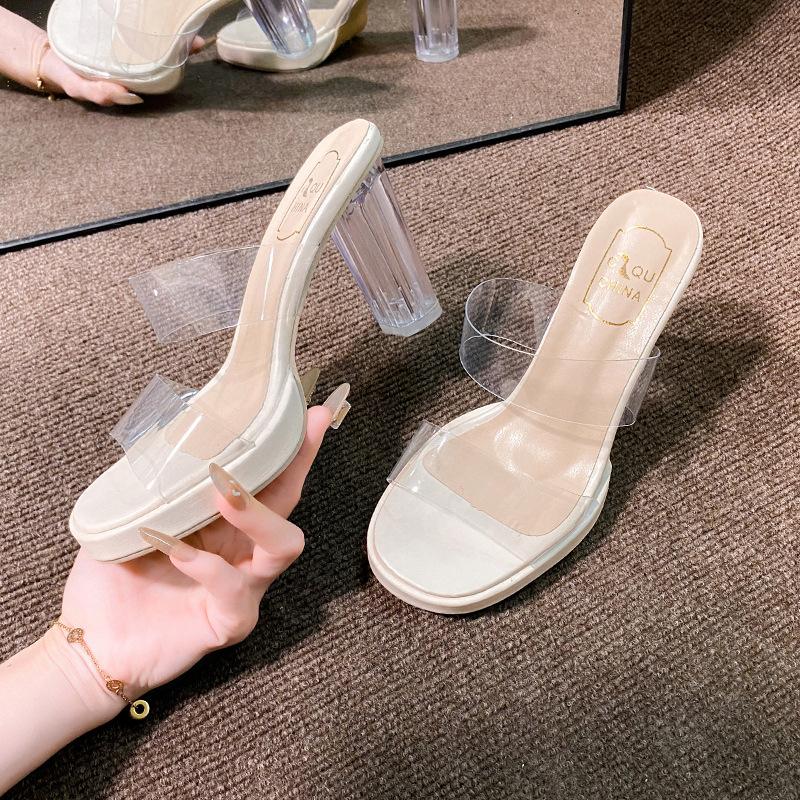 High-heeled slippers women's summer new one-word with PVC outer wear fashion crystal heel