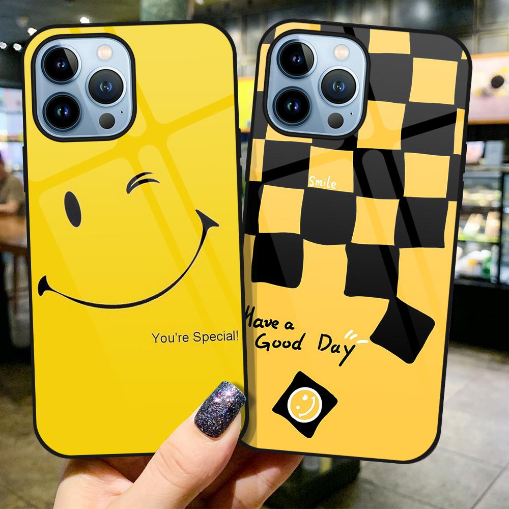 Cartoon Cute Smilely Case For Iphone 14 13 11 12 Pro Max Mini Xs Xr X 7 8 6s Plus Se 2022 Tempered Glass Protection Shell Coque
