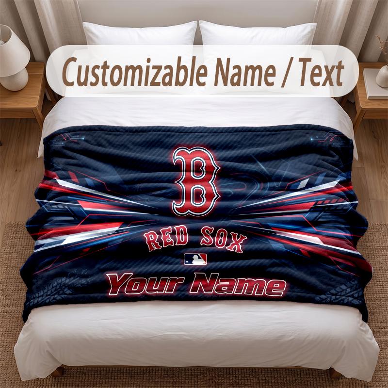 Boston Red Sox Printed Flannel Blanket Custom Name Text Soft Warm Throw For Bedroom Holiday Gift