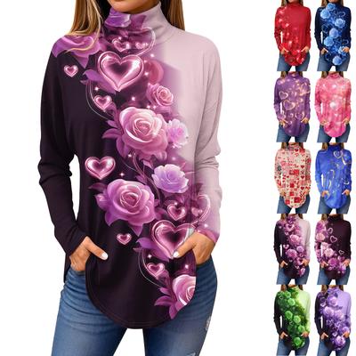 Tee Shirts For Women Fall Casual Long Sleeve Shirts Sweatshirt Vintage Printed High Neck Top Pullover