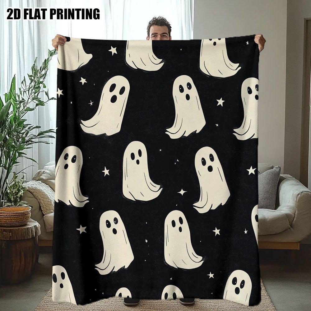 1Pc Ultra-Soft Flannel Halloween Ghosts Printed Throw Blanket – Cozy, Light Beige-Friendly, And Multi-Purpose For Office, Couch,