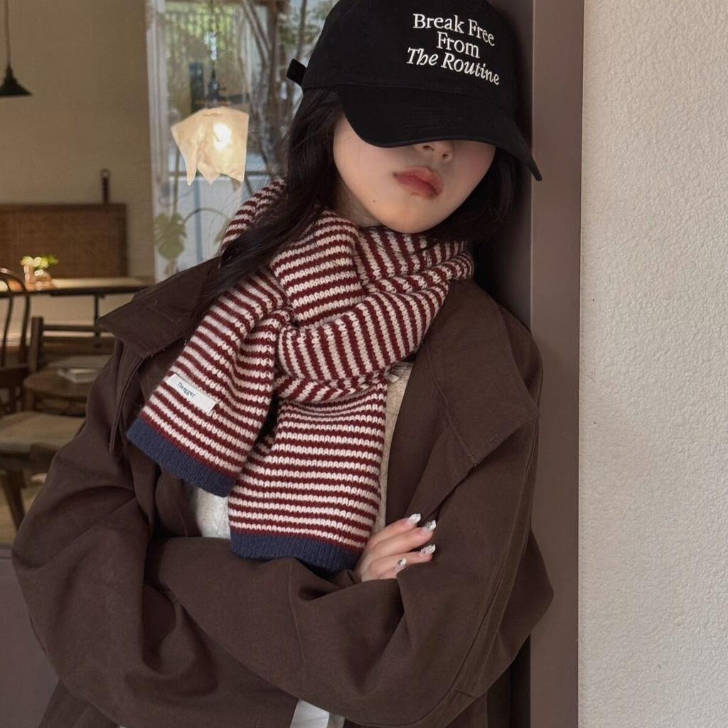 College Style! Grandma Chen Striped Knitted Scarf Women's Contrasting Color Splicing Versatile Warm Student Wool Scarf