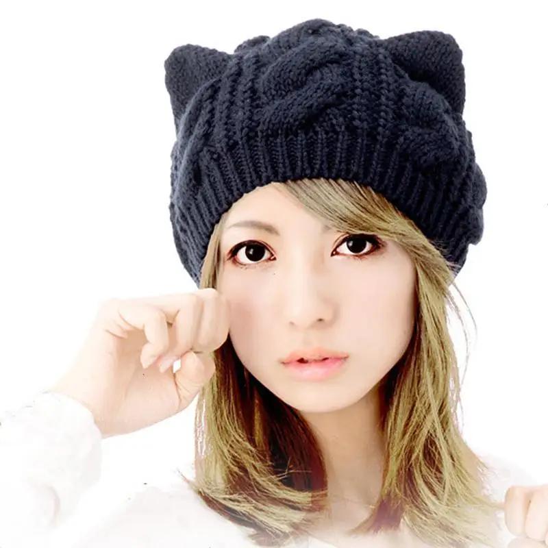 New Lovely Cat Ears Knitted Hat Fashion Women Solid Color Winter Warm Crochet Braided Beanie Hats Casual Girl Kawaii Wool Cap