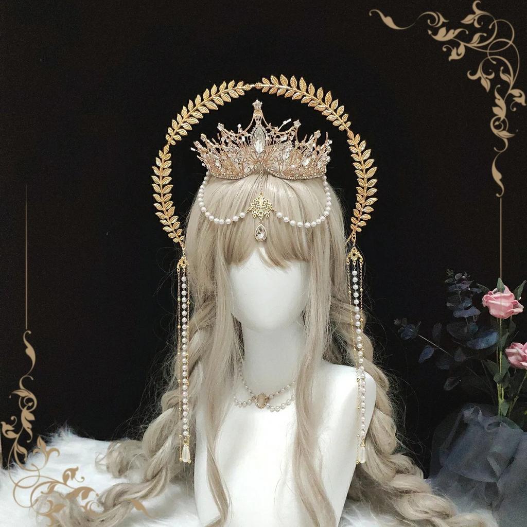 Gothic Lolita Halo Headband Goddess Queen Anna Tiara Angel Necklace Hair Ornament Laurel Crown Baroque Headpiece Accessories