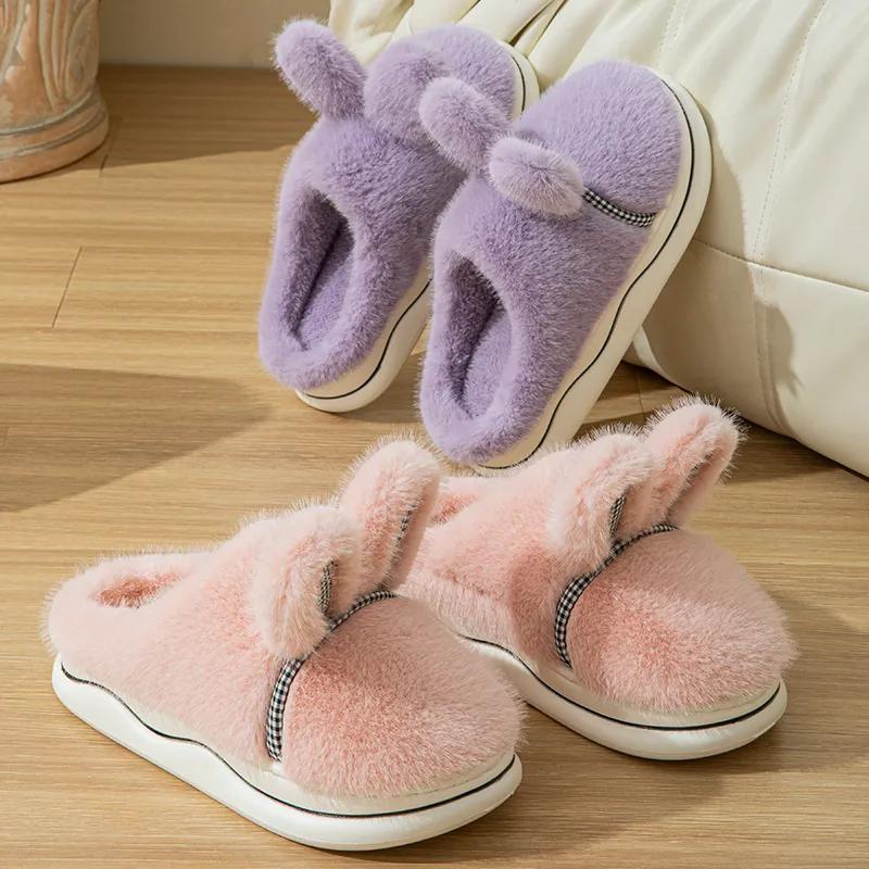 WTEMPO Cute Rabbit Hair Autumn Winter Cotton Slippers Women's Thick Bottom Indoor Home Plush Warm Slippers