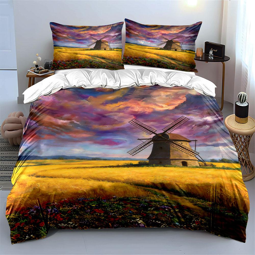 Windmill and field landscape. Bedding sets Duvet cover sets Duvet covers Pillowcases(1 * Duvet Cover 2 * Pillowcases without duvet insert)