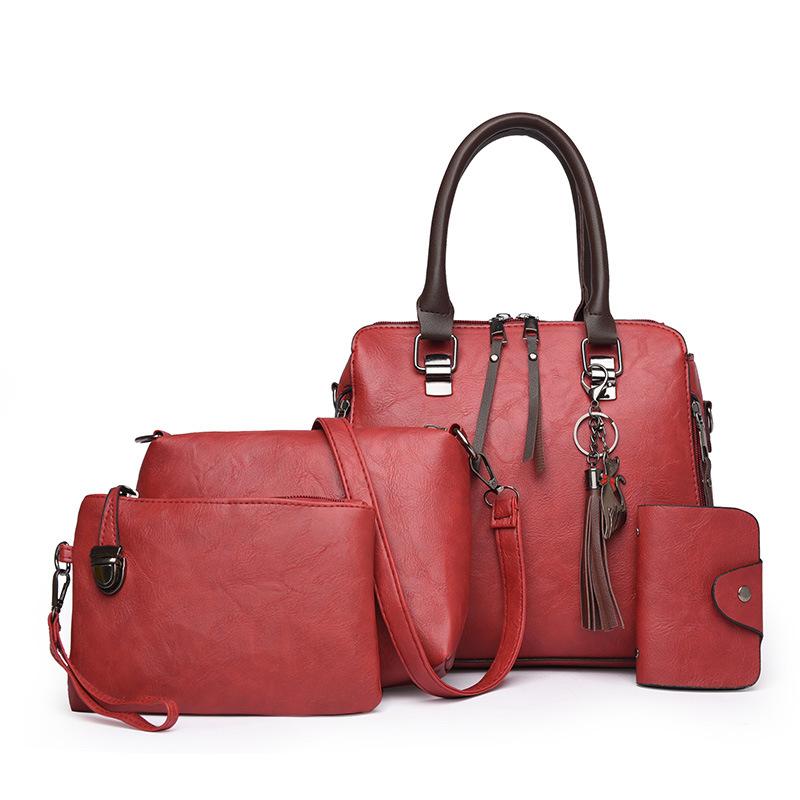 New women's bag, retro messenger bag, fashion child and mother bag, oily leather shoulder four-piece set, women's handbag.