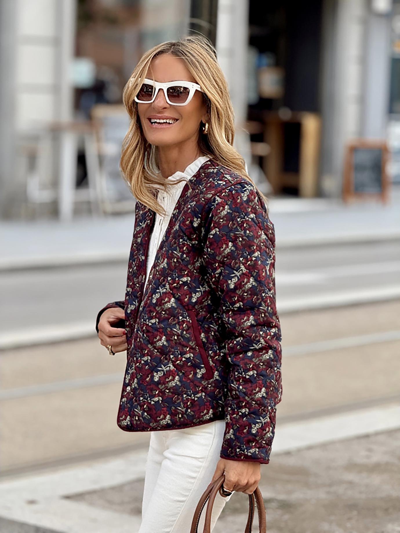 

Women s Retro Floral V-Neck Cotton-Padded Short Coat for Autumn/Winter XXL