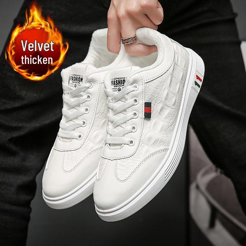 

2025 Мужская повседневная черная кожаная обувь - На флисовой подкладке, Круглый носок, Британская рабочая одежда, Модная зимняя обувь с низким вырезом 40