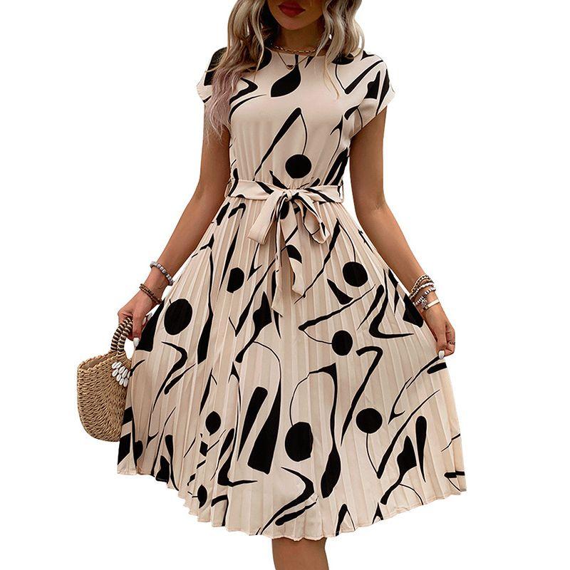 Printed round Neck Lace up Casual Dress Print round Neck Tied Dress