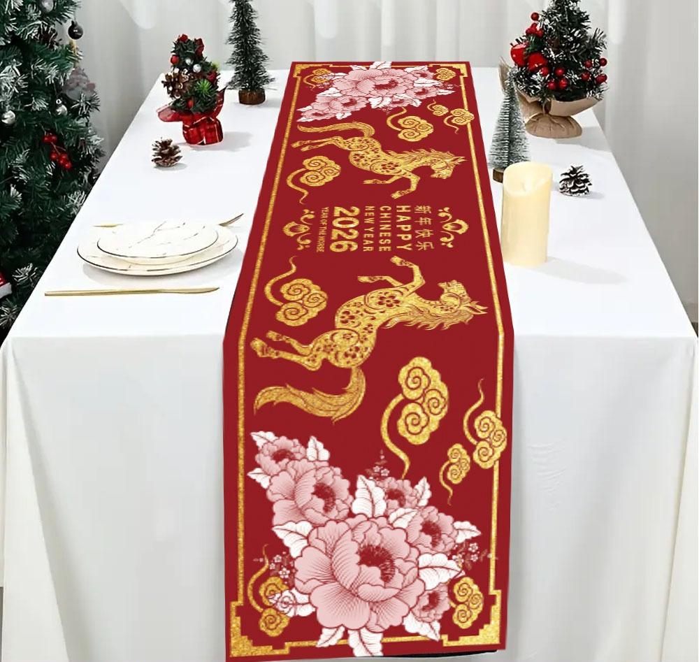Chinese New Year Linen Table Runner Party Decor Chinese 2026 Spring Festival Lunar Horse Floral Table Runner New Year Decoration