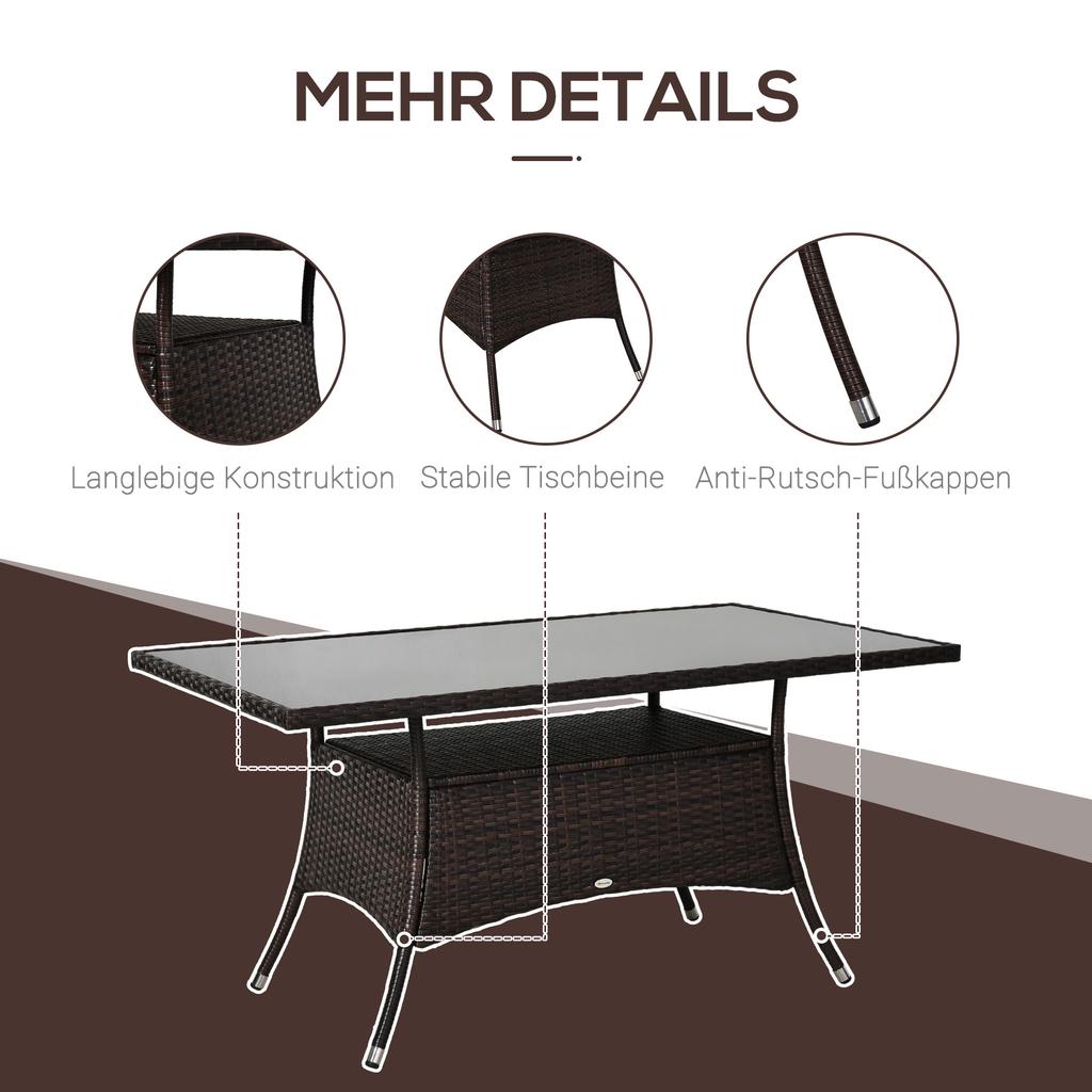 Garden Table Glass Table Dining Table Garden Furniture Table, Poly Rattan+Safety Glass, Brown+Black, 150x85x74cm
