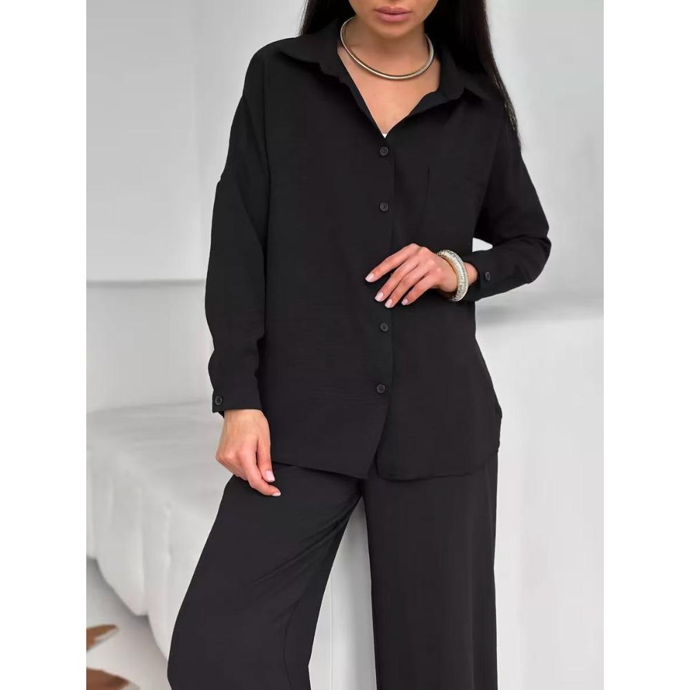 Women's Lapel Pocket Long Sleeve Button Down Shirt And Elastic Waist Wide Leg Pants Two Piece Casual Tracksuit
