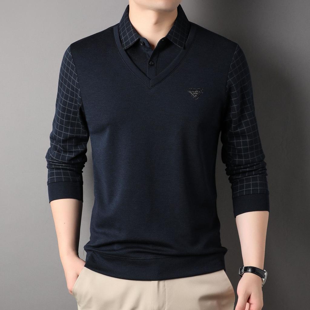 Pánské vlněné tričko s dlouhým rukávem ve stylu falešného dvoudílného oblečení Jarní a podzimní ležérní bunda Módní tričko Pánské oblečení