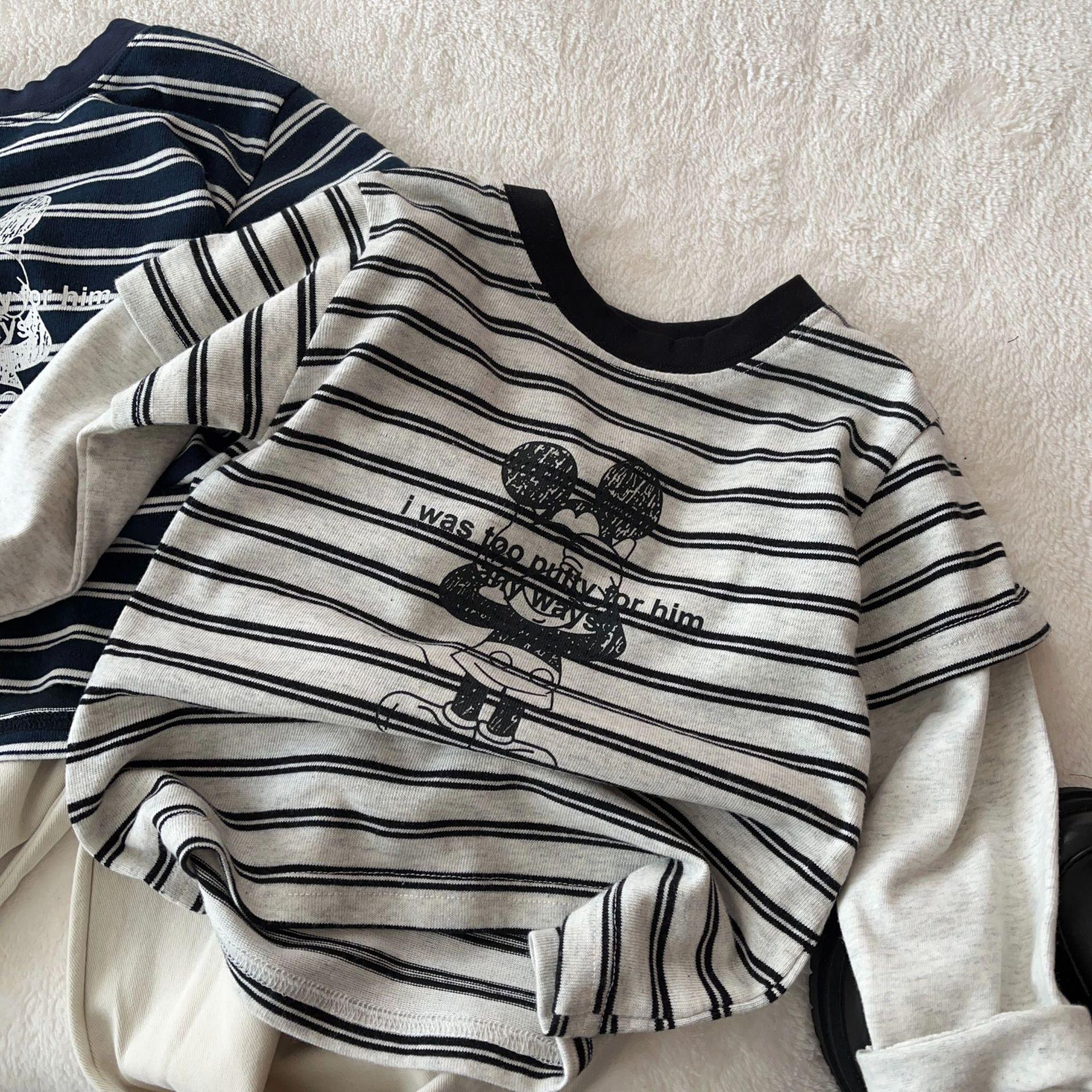 

2026 Spring Children s Cartoon Striped Long-Sleeve Top - Fake Two-Piece Style for Boys and Girls 110cm серый