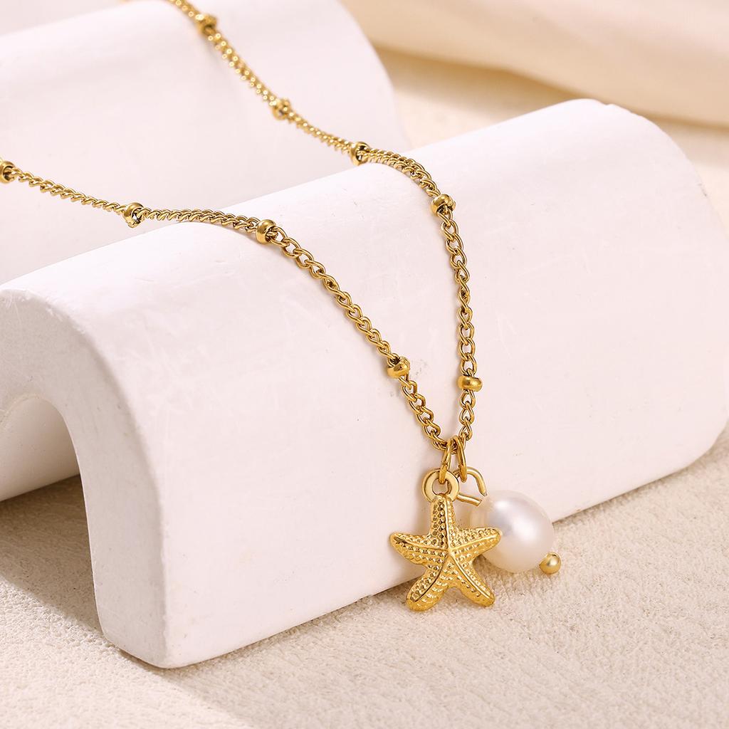 Ocean Necklace Stainless Steel Waterproof For Women Exquisite Gold Color Turtle Conch Seahorse Pearls Choker Clavicle Jewelry