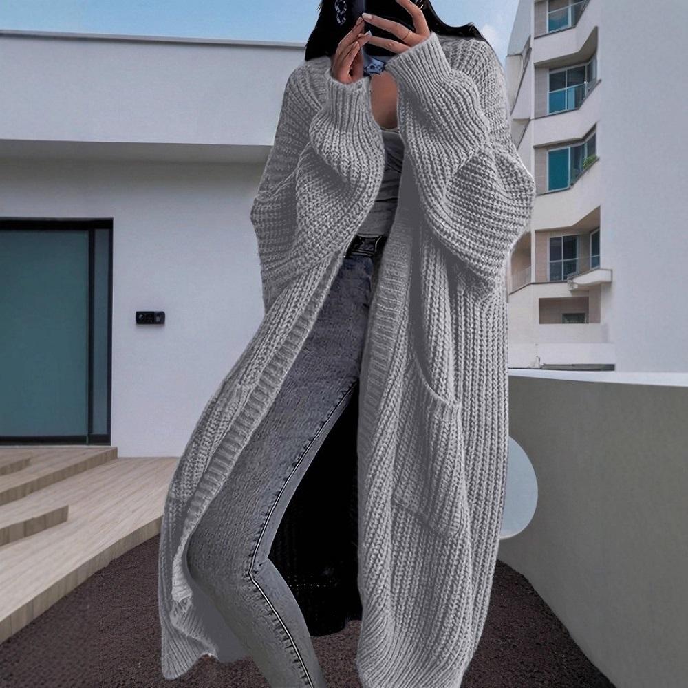 Dames Winter Herfst Trui Vesten Lange Mouw Maxi Gebreide Bovenkleding Jassen Zakken Jassen