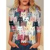 Magliette alla moda da donna, con stampa 3D di gatti, casual, a maniche lunghe, con scollo rotondo, t-shirt Harajuku da donna