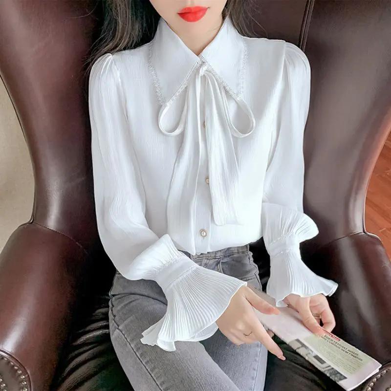 

WTEMPO Милые элегантные однотонные рубашки с длинными расклешенными рукавами, женские весенне-осенние шифоновые топы большого размера с плиссированным бантом XXL белый