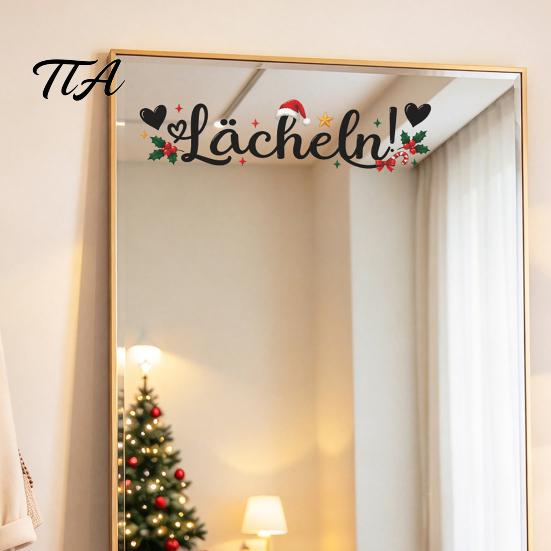 Christmas Mirror Decals for Bathroom Static Glass Sticker Mirror, Decorative PVC Window Decal with Holly Reusable Holiday Accents And Santa