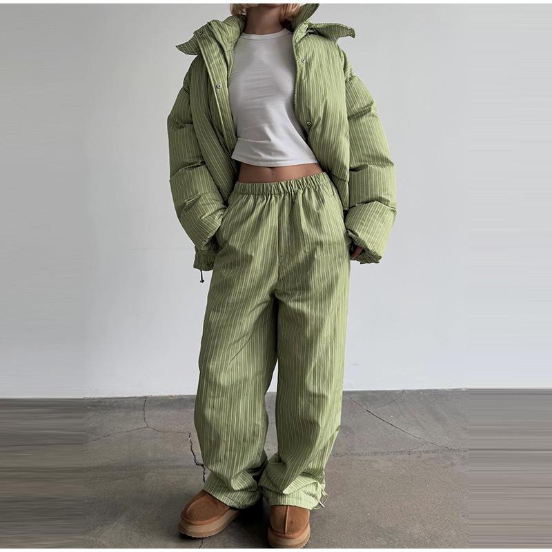 Casual Print Women Coats Pants Set Thicken Hooded Zippers Lace Up Coat Wide Leg Trousers Winter Lady Streetwear