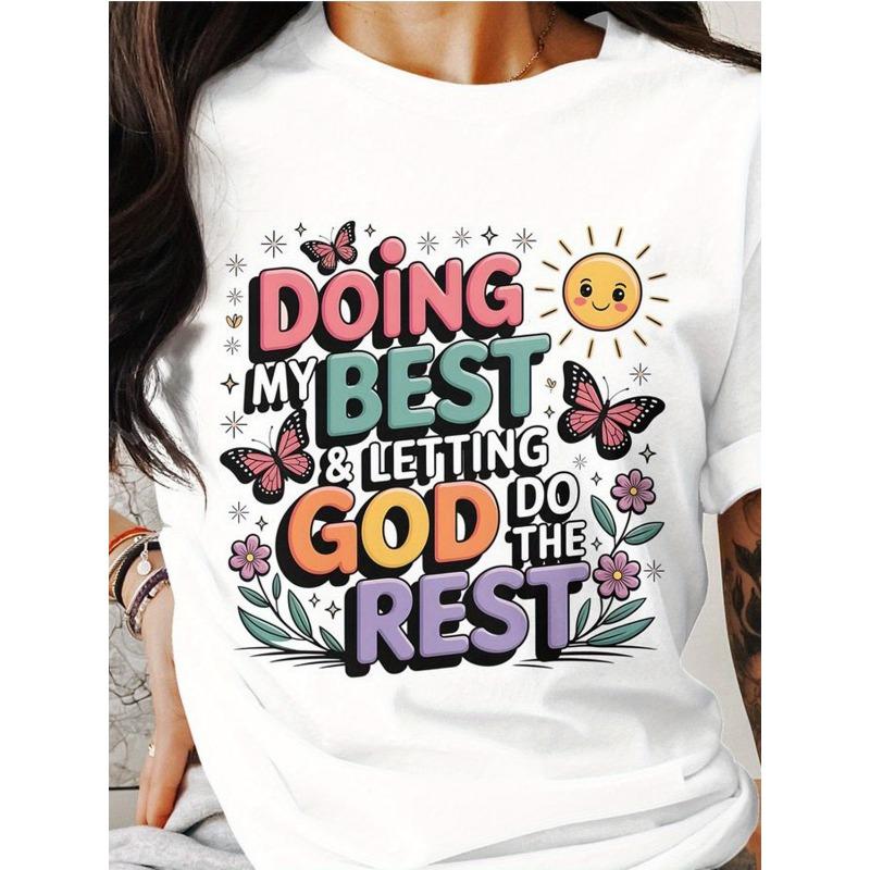 

European Size Women s Faith-Based Bible Verse T-Shirt - Doing My Best & Letting God Do The Rest Loose Fit Top with Colorful & Sun Design 4XL