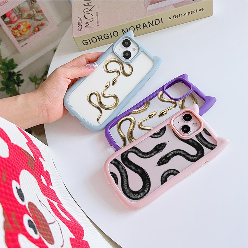 Cat Ear Soft Phone Case for iPhone 16 15 14 13 12 11 Pro Max Plus XR X TPU Anti-Drop Transparent Acrylic Back Cover NY25 Black Gold Snake design