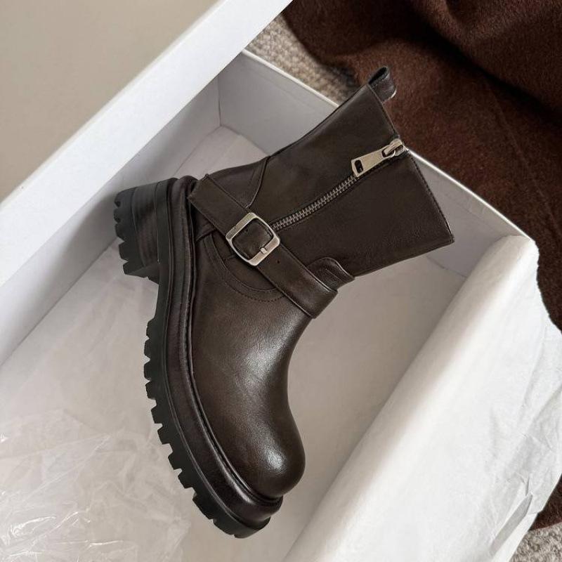 New leather black Martin boots side zipper thick-soled non-slip low boots versatile medium heel round head large size Martin boots