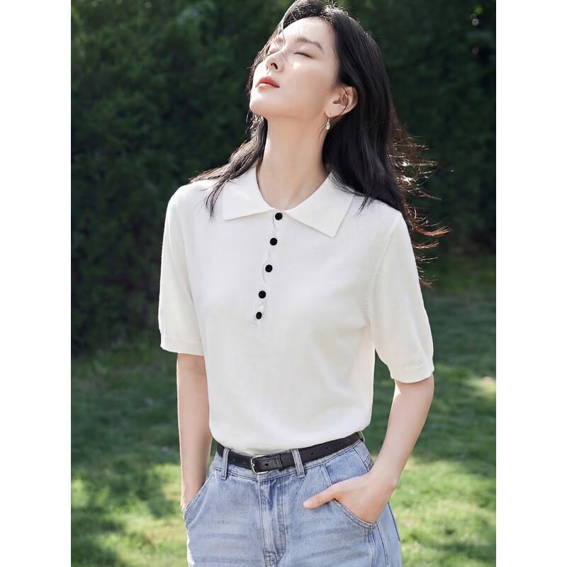 Chushen Women's Polo Neck Knit Short Sleeve Top