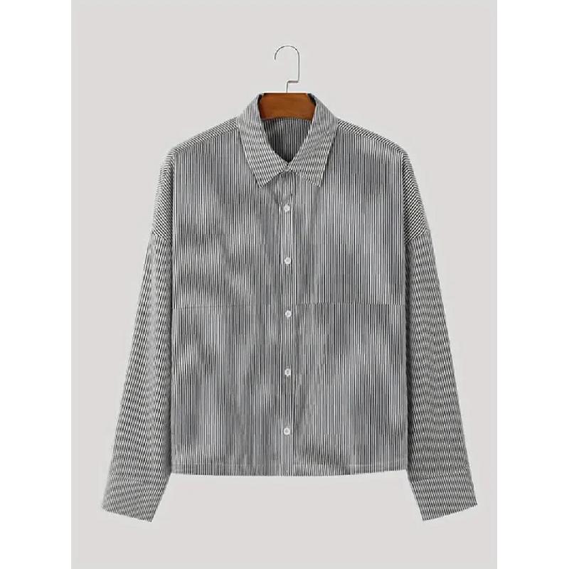2026 New Men's Fashion Turn-down Collar Vertical Striped Loose Long Sleeve Shirt