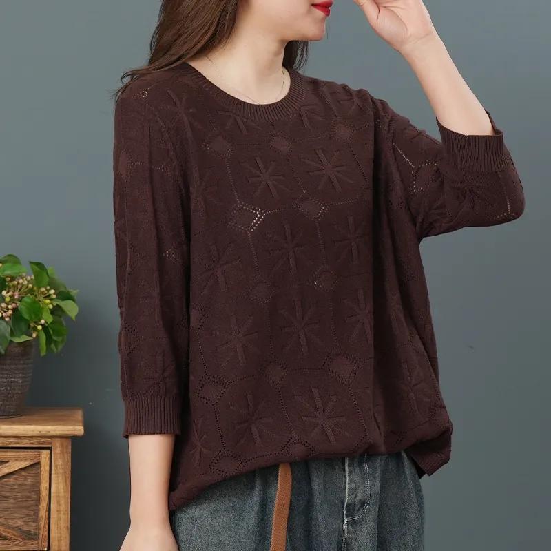 Autumn Round Neck Cotton Casual Loose Three-quarter Sleeve Knit Sweater Women Retro Literary Loose Thin T-shirt Women