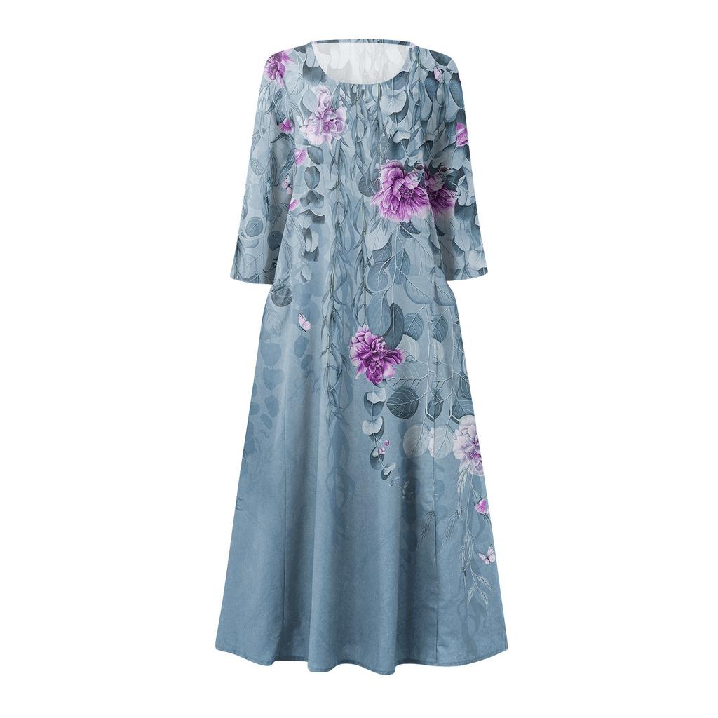 Women Casual Floral Print Pocket Dress Three Quarter Sleeve Loose Fit Midi Length Comfortable Everyday Wear