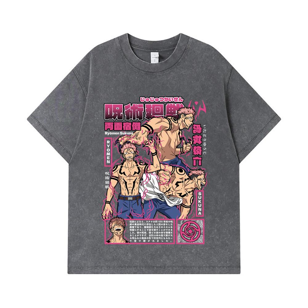 275 GSM Washed T-shirts 100% Cotton Jujutsu Kaisen V45 Sukuna Print Unisex Heavy Cotton T Shirt