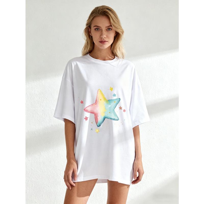 Oversize Women's Short-Sleeve T-Shirt with Pink-Yellow-Blue Gradient Star and Colorful Little Stars Print