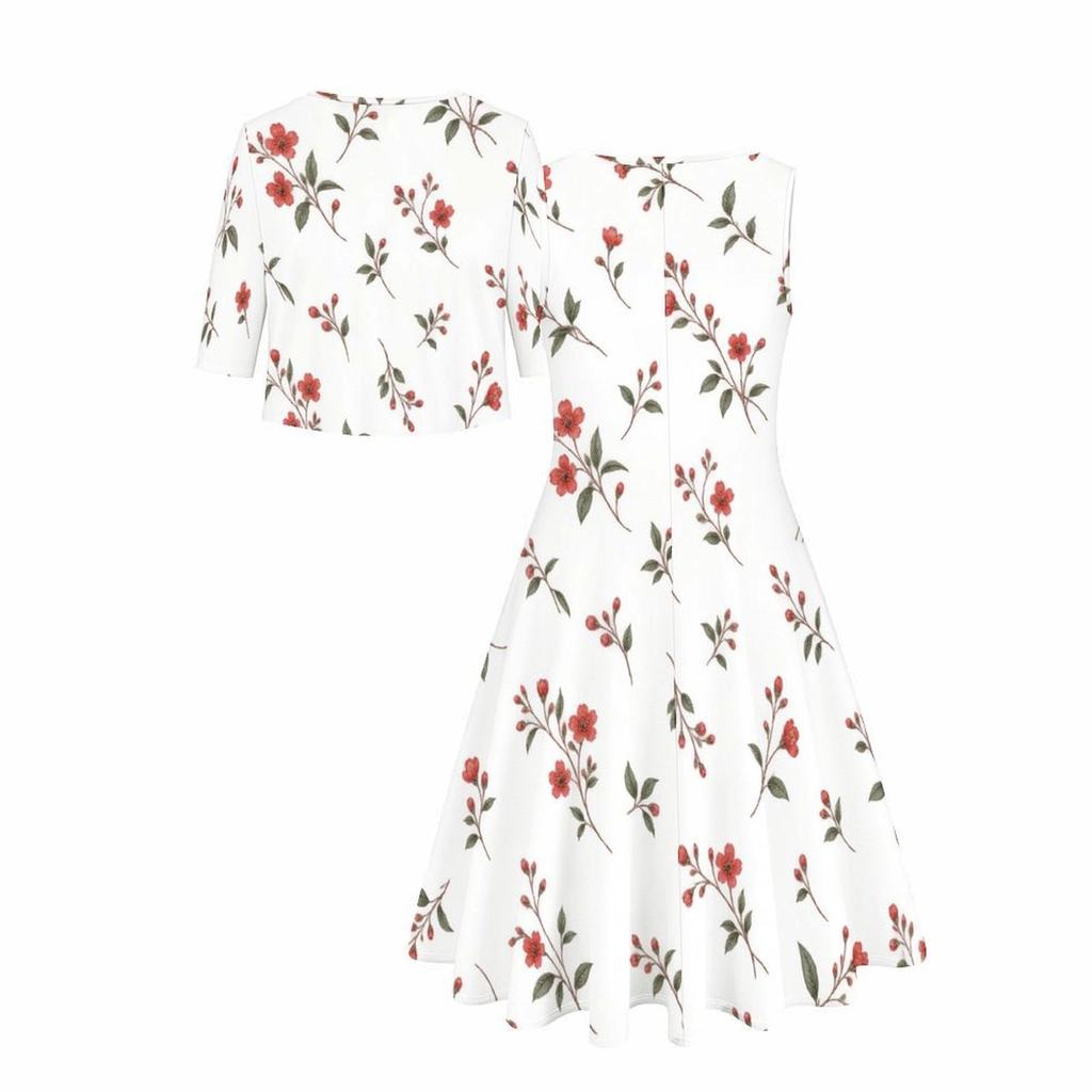 Women Plus Size Two Piece Set Round Neck Sleeveless Flared Dress Mid Sleeve Cropped Cardigan Blue White Floral Printed