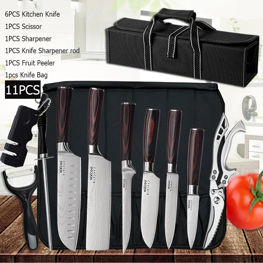 WXCOO Japanese Knife Set with Knife Bag Kitchen Knives Damascus Laser Fish Fillet Meat Cleaver Fruit Peeler Santoku Cutter