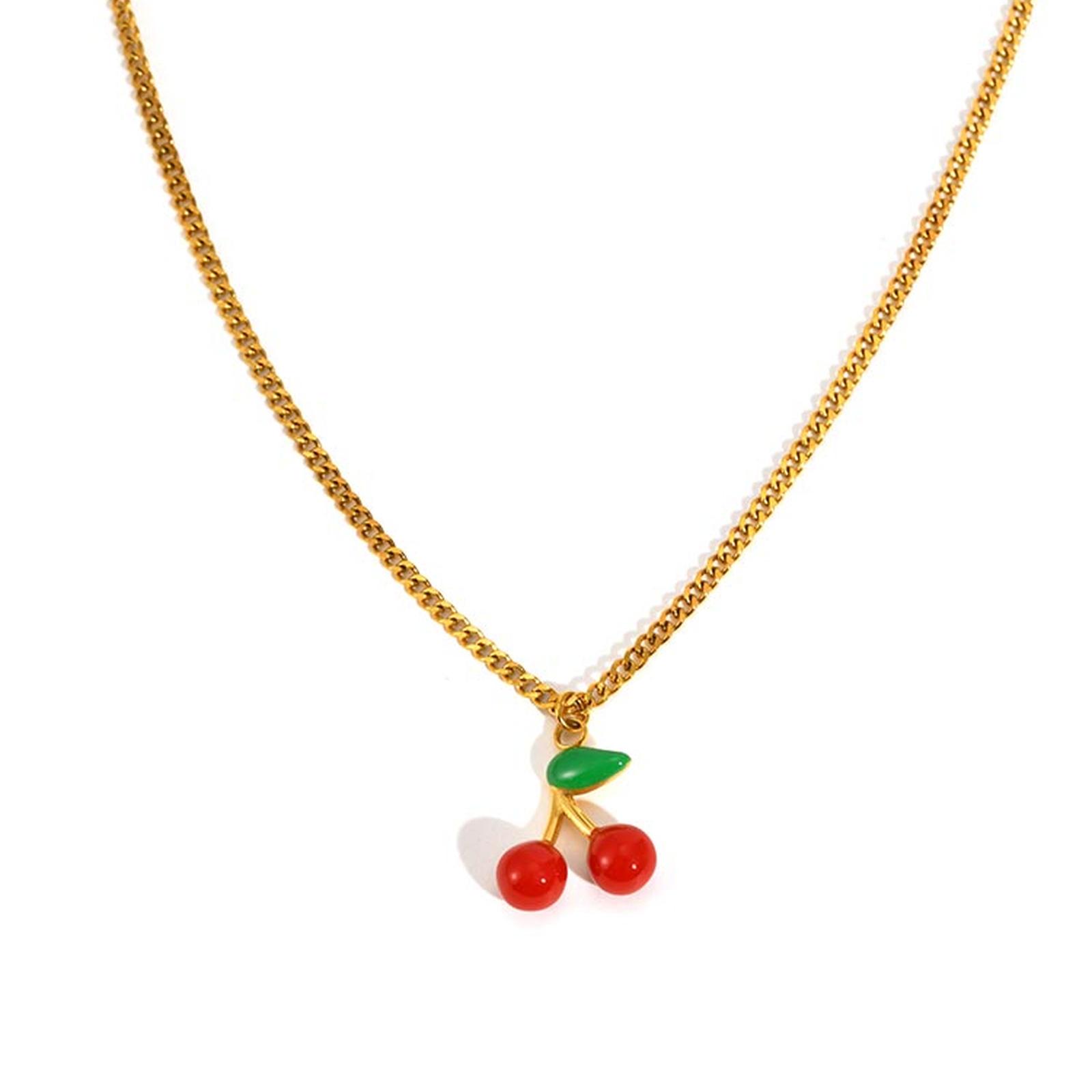 

Red 3D Charms Cherry Necklace, Stainless Steel Cute Fruit Pendant, Waterproof Fashion Accessories