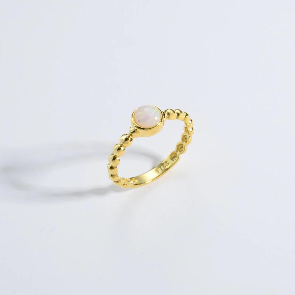 S925 Sterling Silver Opal Bead Ring - European & American Style Fashion Jewelry for Women