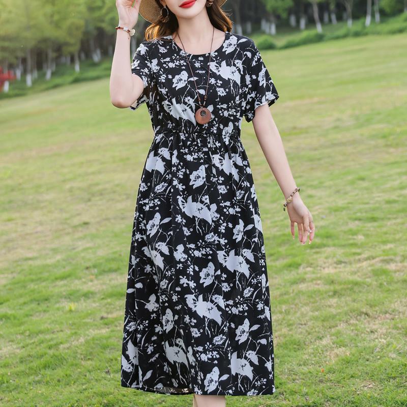 Plus Size Women's Long Dress Summer  Short Sleeve Vintage Print Dress for Women