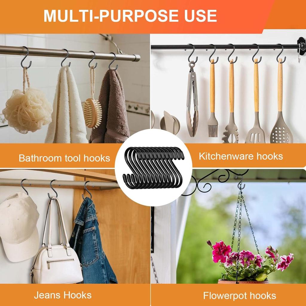 3 Inch Vinyl Coated S Hooks, 12 Pack S Hooks for Hanging Plants Heavy Duty, Small Non Slip Black Rubber Coated Metal Closet Rod Hooks for Hanging