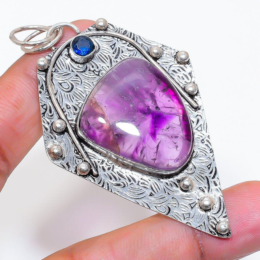 Natural Sage Amethyst, Iolite 925 Sterling Silver Jewelry Pendant 2.96" ZS-788