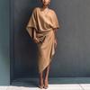 Women's French loose bat sleeves, linen skirt, pleated irregular wrap mid-length dress