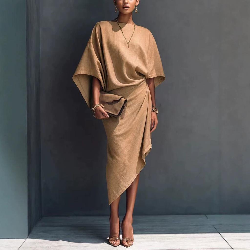 Women's French loose bat sleeves, linen skirt, pleated irregular wrap mid-length dress