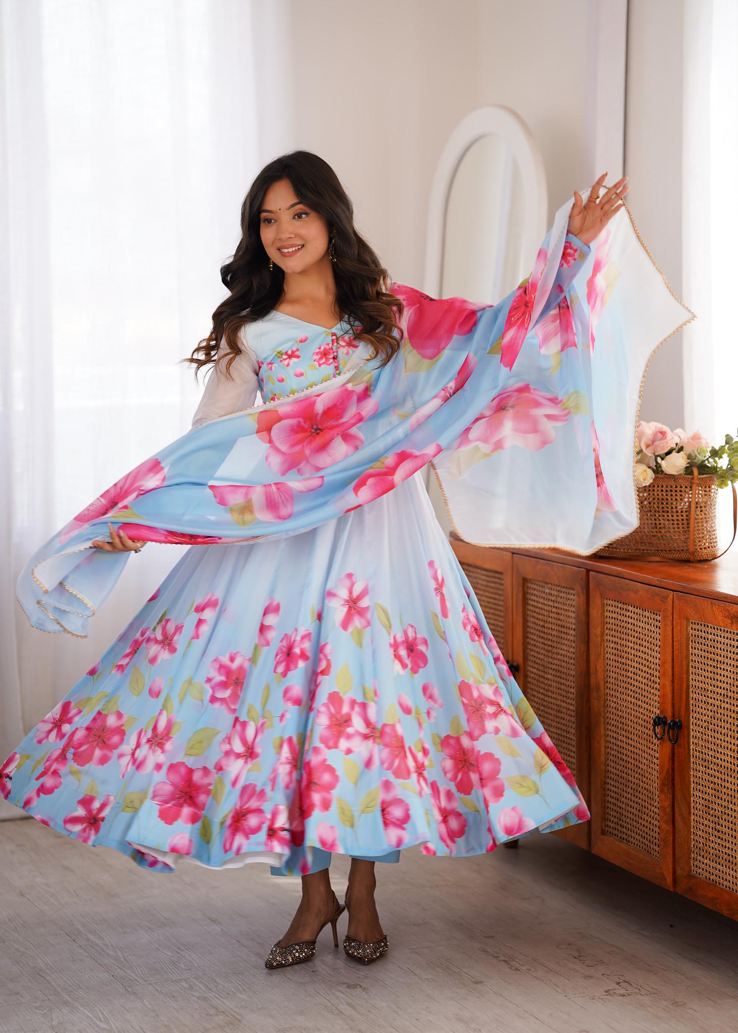 Floral Organza Silk Anarkali Suit Set: Women s Festive Party Wear Gown